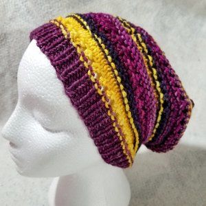 Home Made Knitted Purple & Yellow Winter Beanie